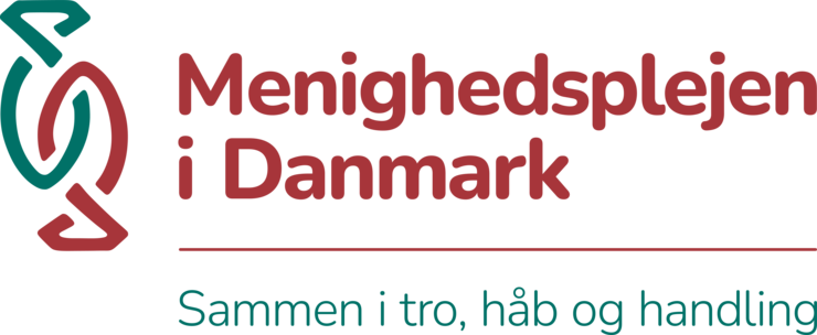 Logo von „Menighedsplejen i Danmark“ mit Slogan auf weißem Hintergrund.