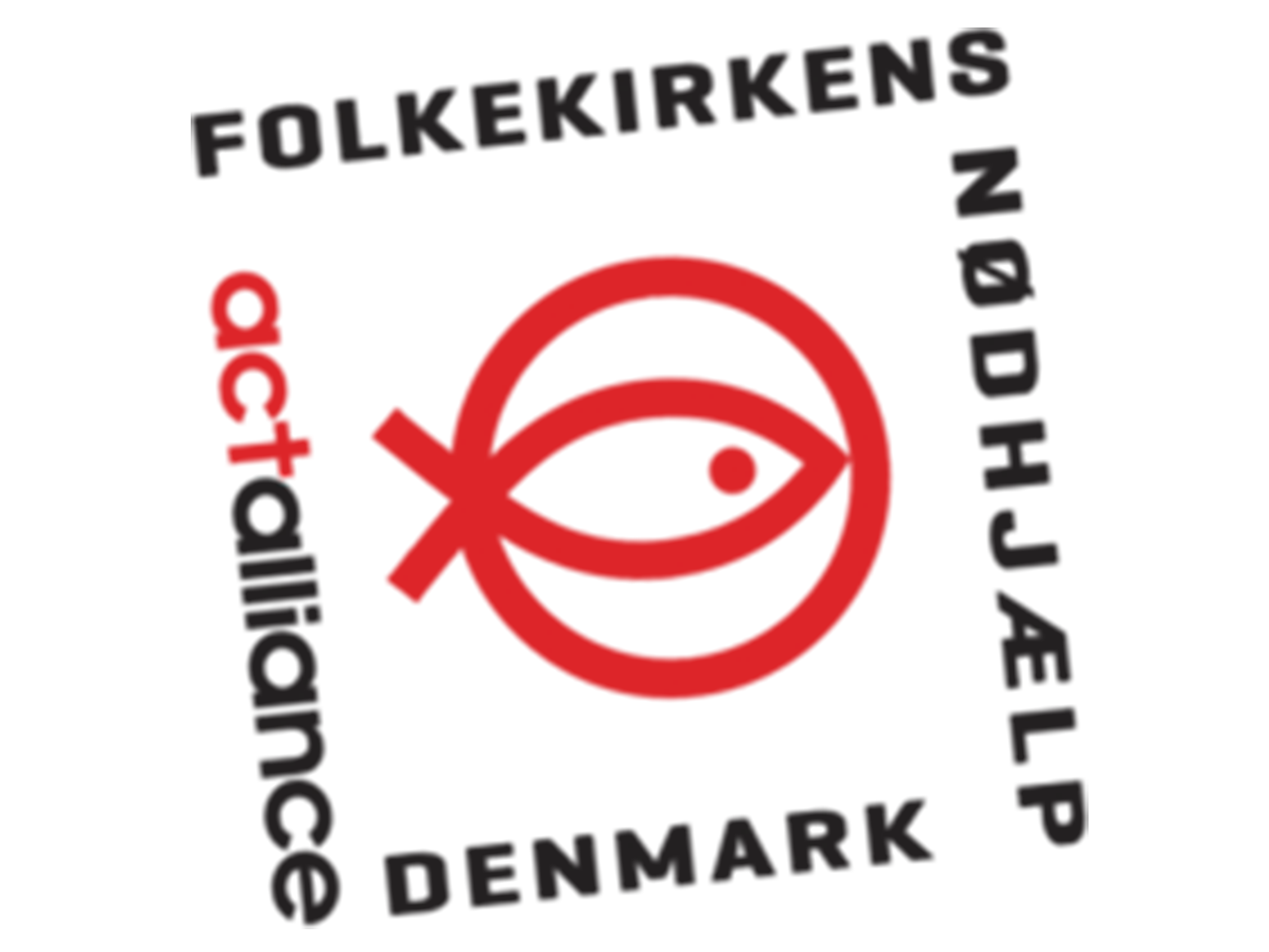 Rotes Fischsymbol mit „Folkekirkens Nødhjælp, actalliance, Denmark“.