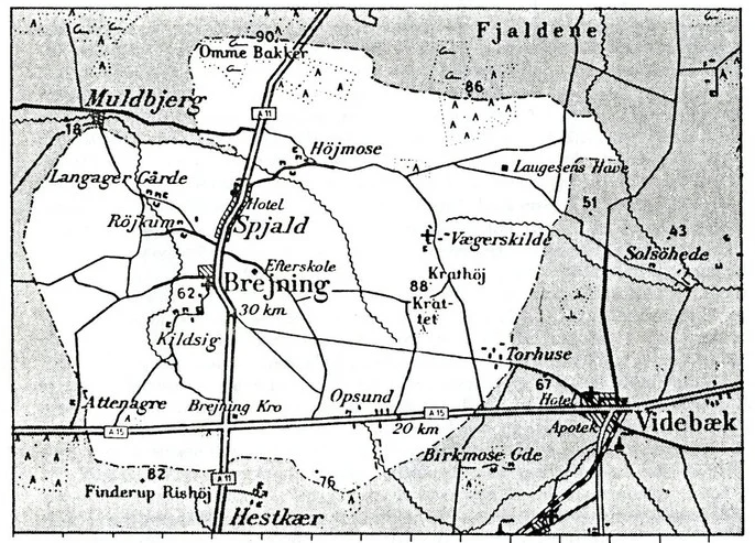 Historische Schwarz-Weiß-Karte mit Straßen und Orten rund um Silkeborg.