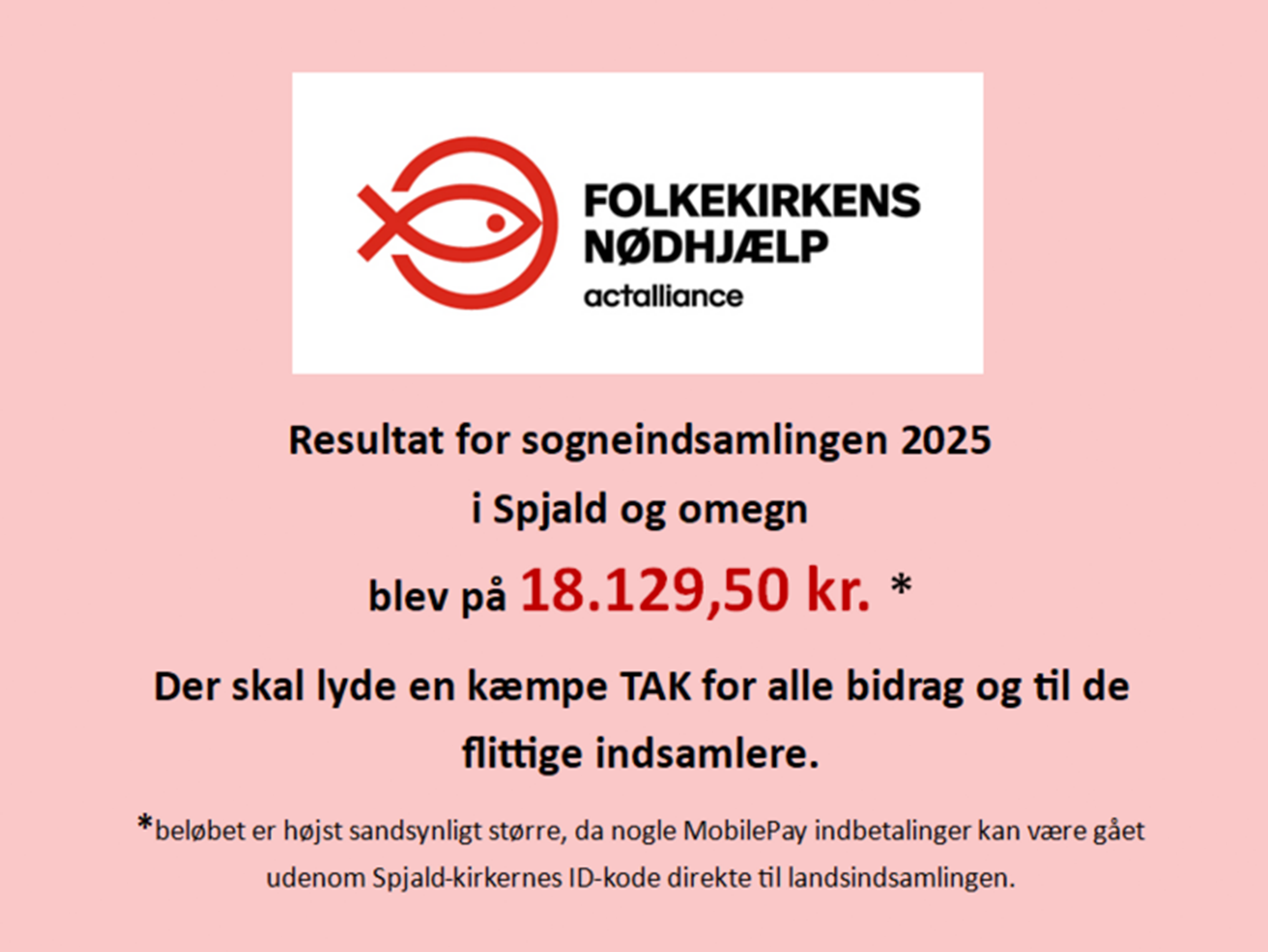 Spendenstufen-Flyer für „Folkekirkens Nødhjælp 2025“ in Spjald auf hellrosa Hintergrund.